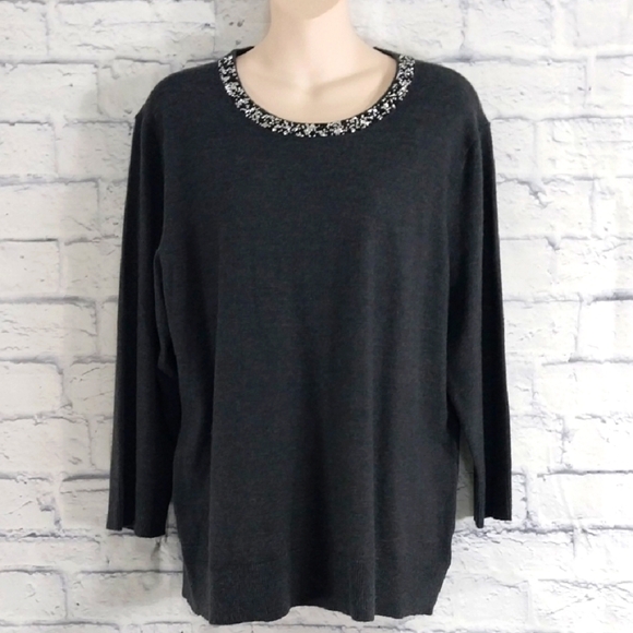Liz Claiborne Career Sweater Dk Gray w Stones at Neckline SZ XL - Picture 1 of 5